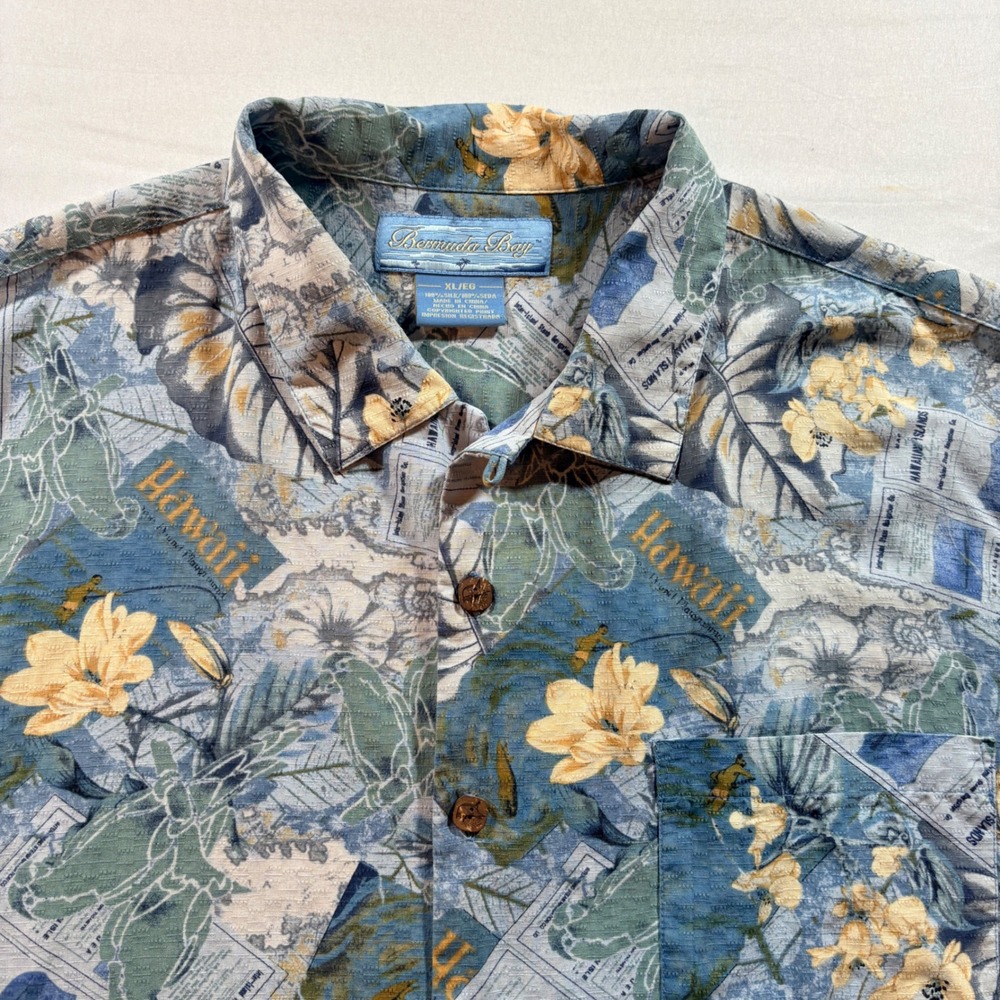 Bermuda Bay Silk Hawaiian Shirt Mens XL Blue Map Floral Print Short Sleeve Aloha
